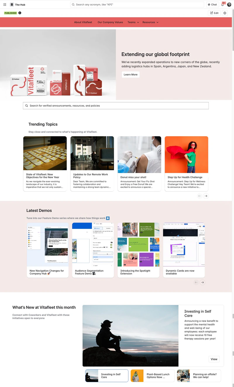 Published Company Hub in Confluence, showing a company announcement banner, resource search, and content cards
