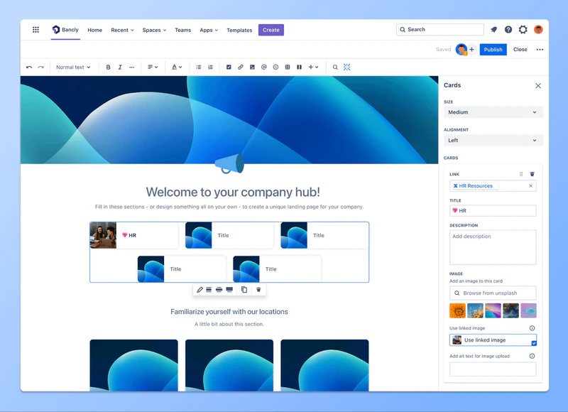 Company Hub editor with a selected group of cards and a sidebar for configuring their size, alignment, links, text, and images